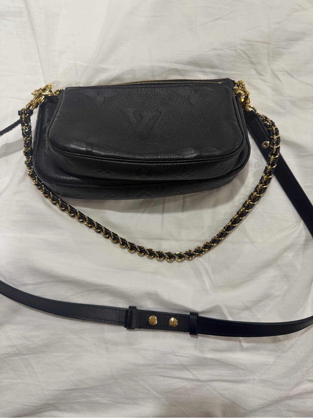 Louis Vuitton Black Leather Crossbody with Gold Chain Accent